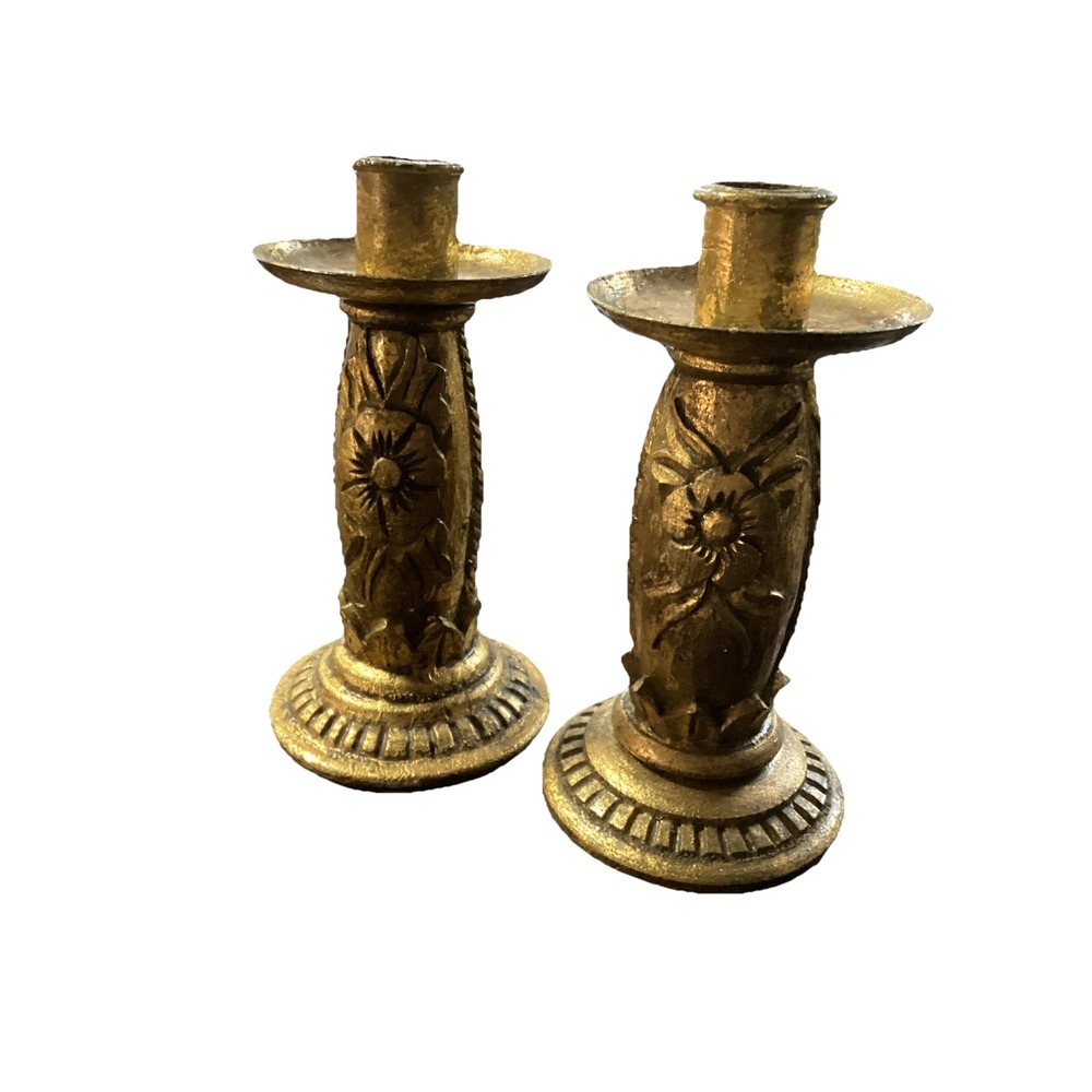 Vtg Florentine Gilt Candle Holders Plaster Ornate Hollywood Regency Pr